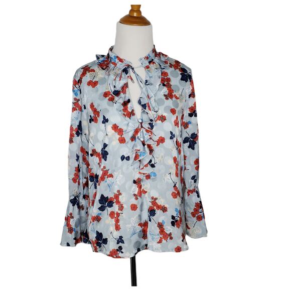 Zara Keyhole Neck Ruffle Trim Blouse Blue Floral Long Sleeve XS - Picture 1 of 10